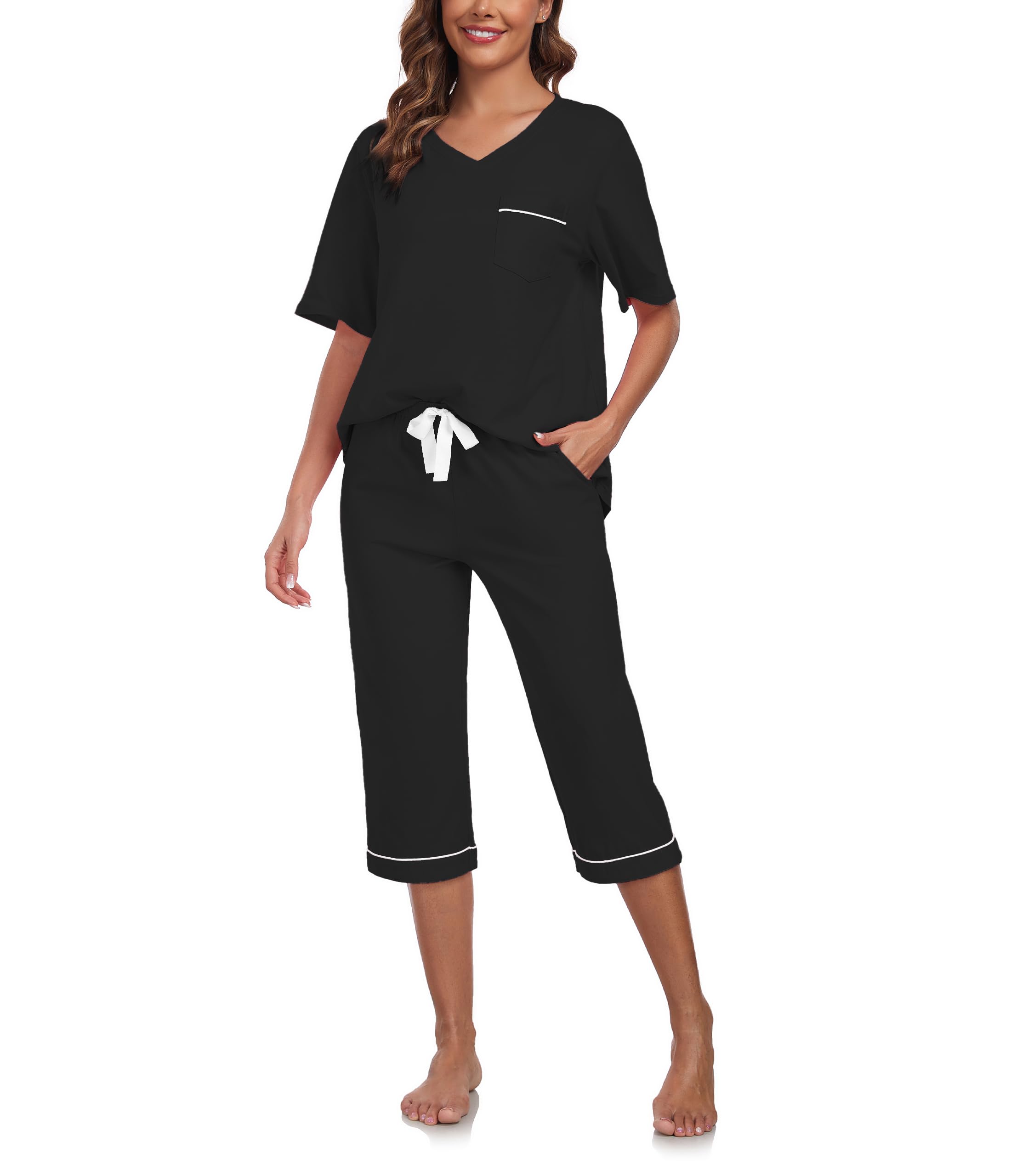 CF 100% Cotton Womens Pajama Sets for Women 2 Piece Pj Sets Sleepwear Lounge Set Short Sleeve Shirt and Capri Pants