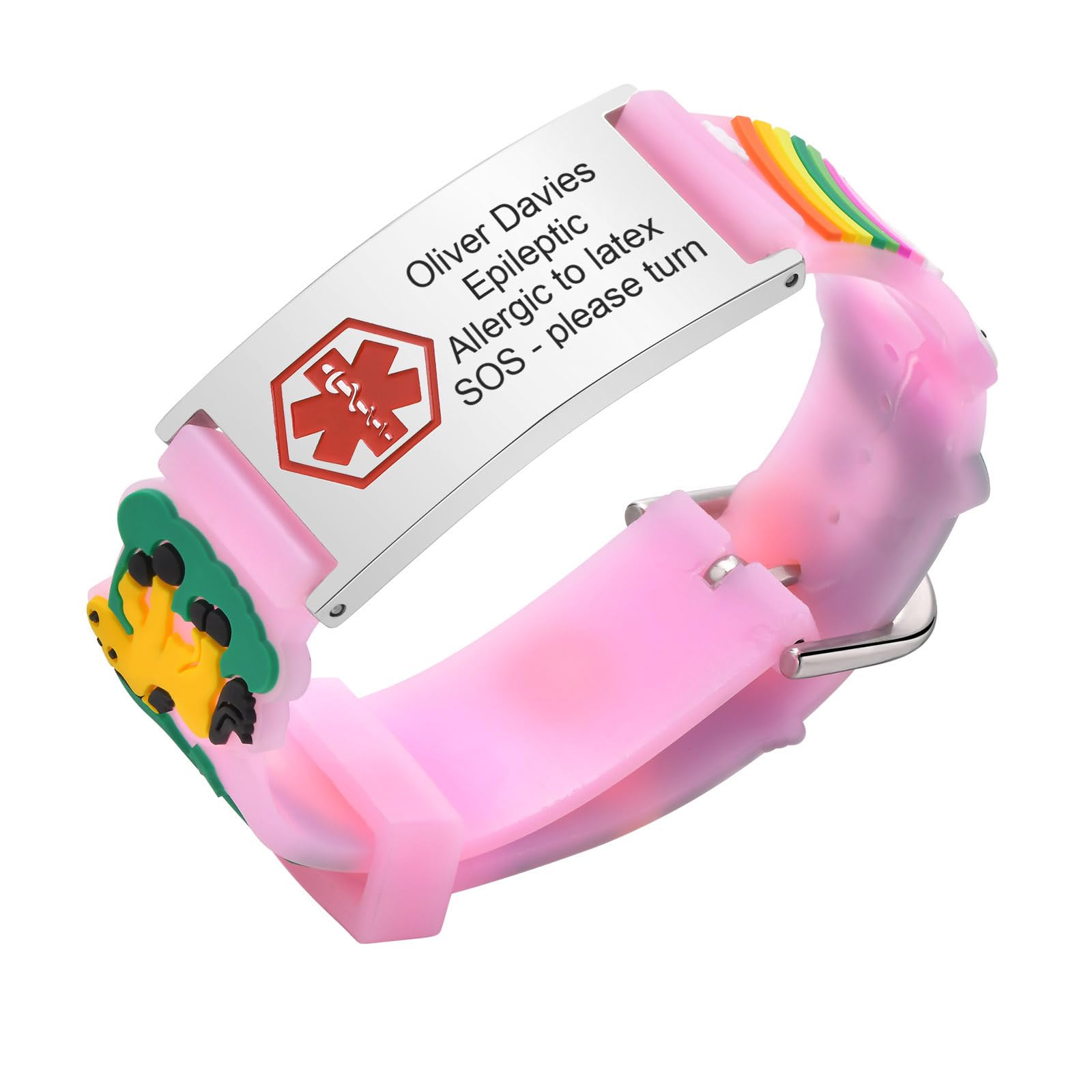 Kids Bracelet Safety ID Wristbands - Personalised Medical Alert ID Bracelets with Pink Silicone Cartoon Pattern, Outdoor Anti-Lost Wristband with Emergency Contact Information For Child Daughter Girls