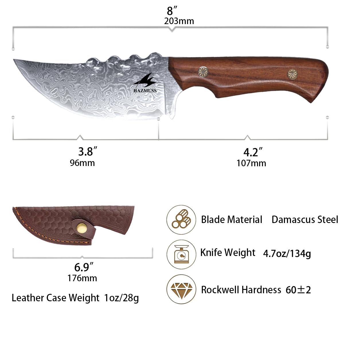 HAZMUSS Damascus Utility Knife with Sheath - Kitchen Knife - 3.8
