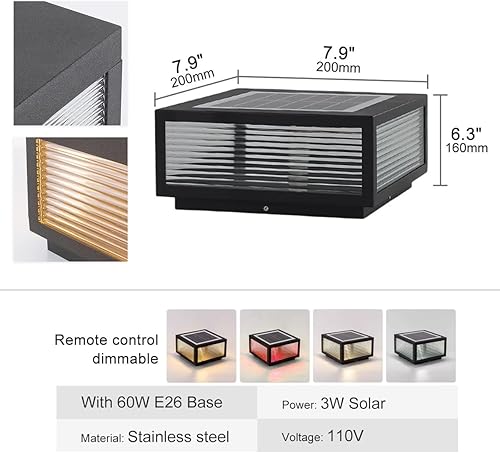 Miniatura 9 de Luz solar para exteriores, de acero inoxidable IP65, impermeable, luz de pilar regulable, lámpara de columna de paisaje moderna para postes de