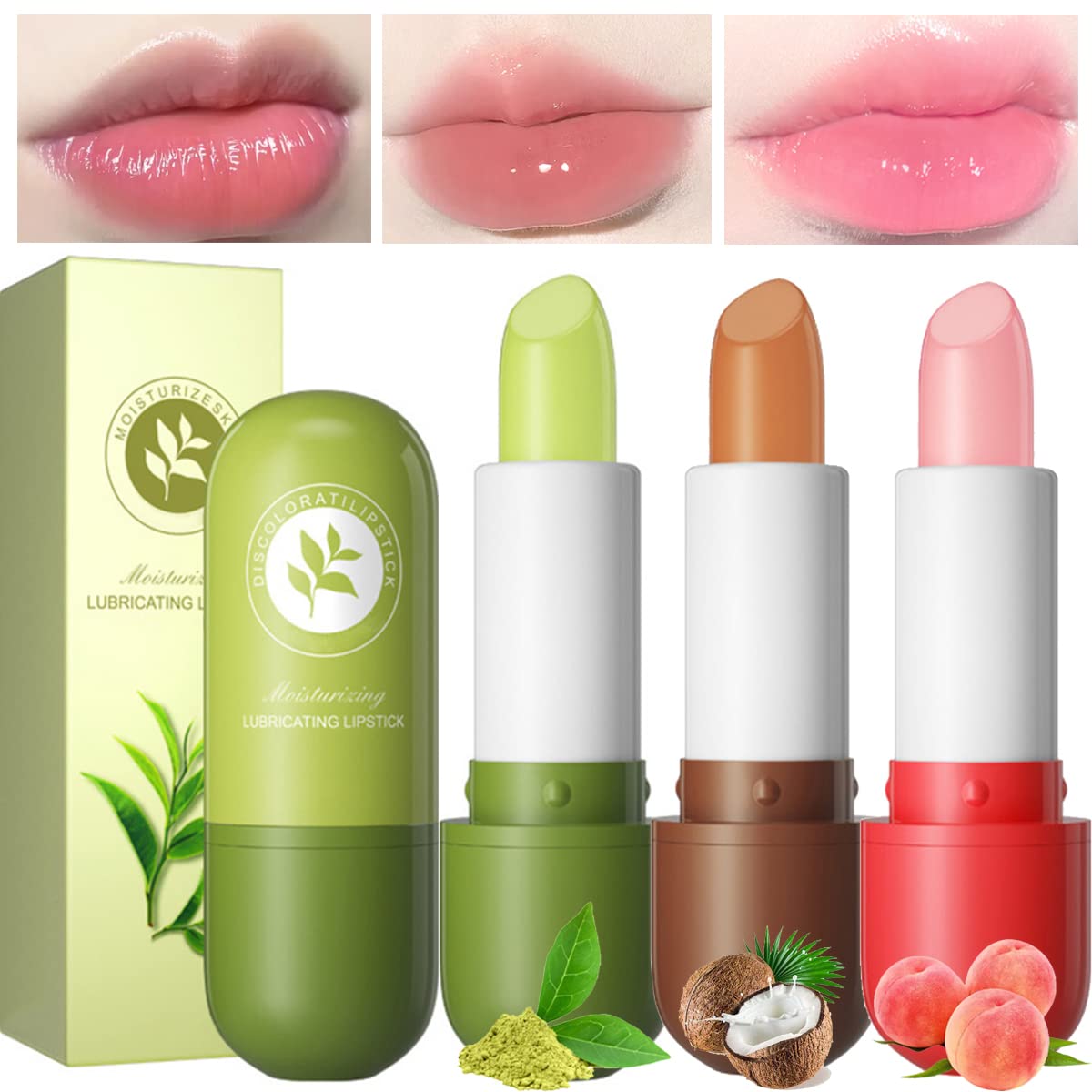 3 PCS Hydrating Lip Balm Green Tea Chapstick Peach Lipstick Moisturizing Lip Care Prevent Lip Dry and Cracked (Peach, green tea, coconut)