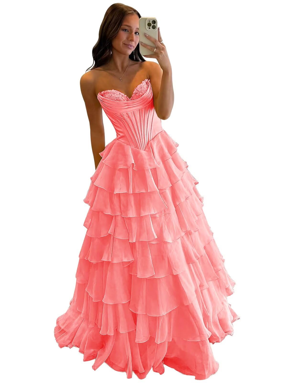Strapless Corset Prom Dresses for Women 2025 Long Tiered Ruffle Chiffon Formal Evening Gowns with Slit