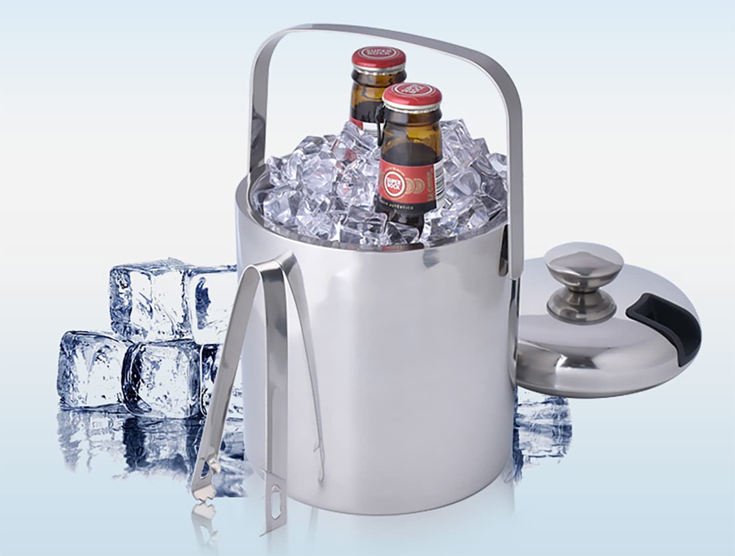 Eiskübel Edelstahl Eiswürfelbehälter isolierter Eisweinkühler tragbarer doppelwandiger Eisbehälterkorb mit Zange und Wasserfilter für Hausbar und Partys Silber 1,3 l 8,9 x 5,5 x 5,5 Zoll