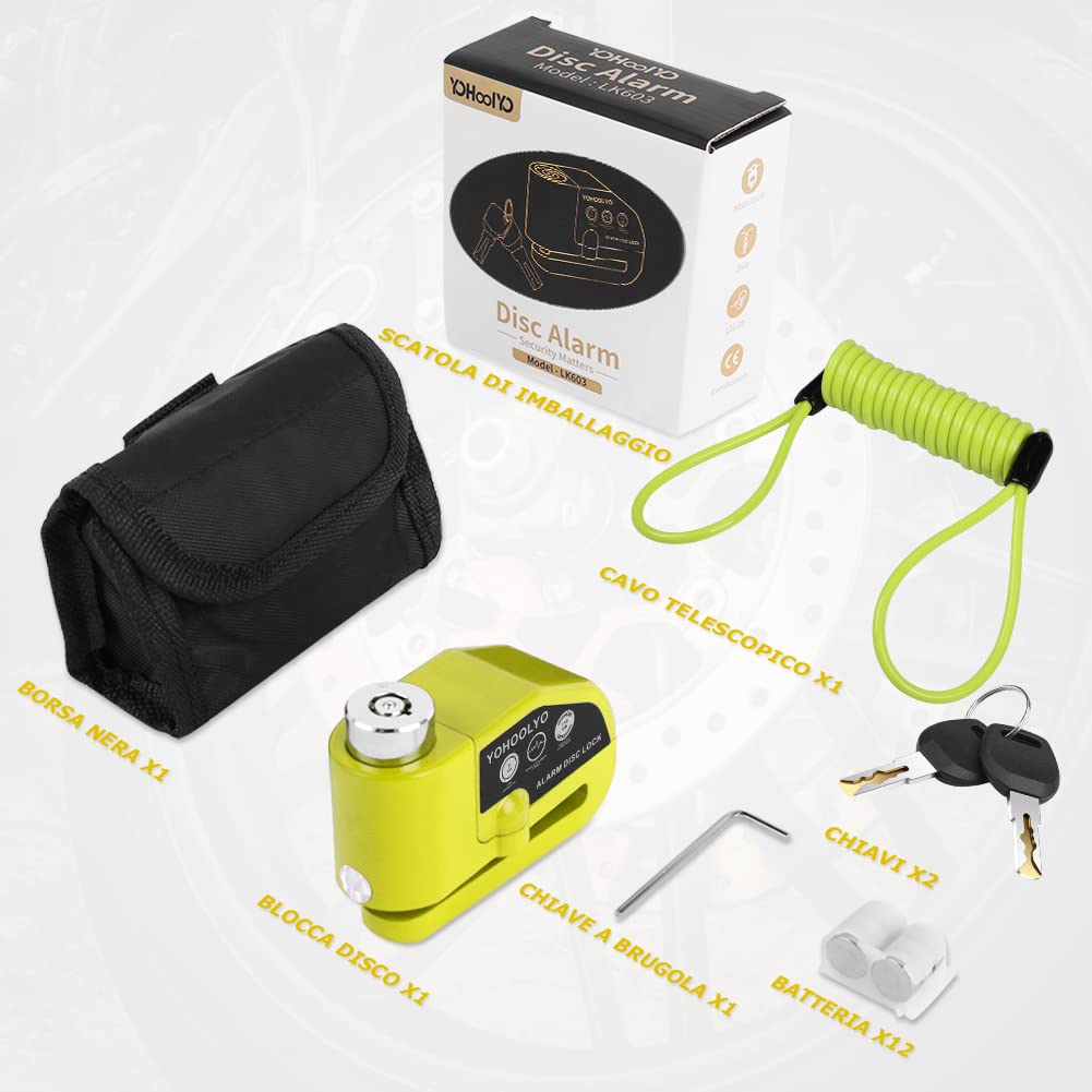 YOHOOLYO Bloccadisco Moto Antifurto con Allarme Sonoro 110DB, Accessori di Protezione 2 Chiavi, 1.5m Reminder per Motorino Motocross