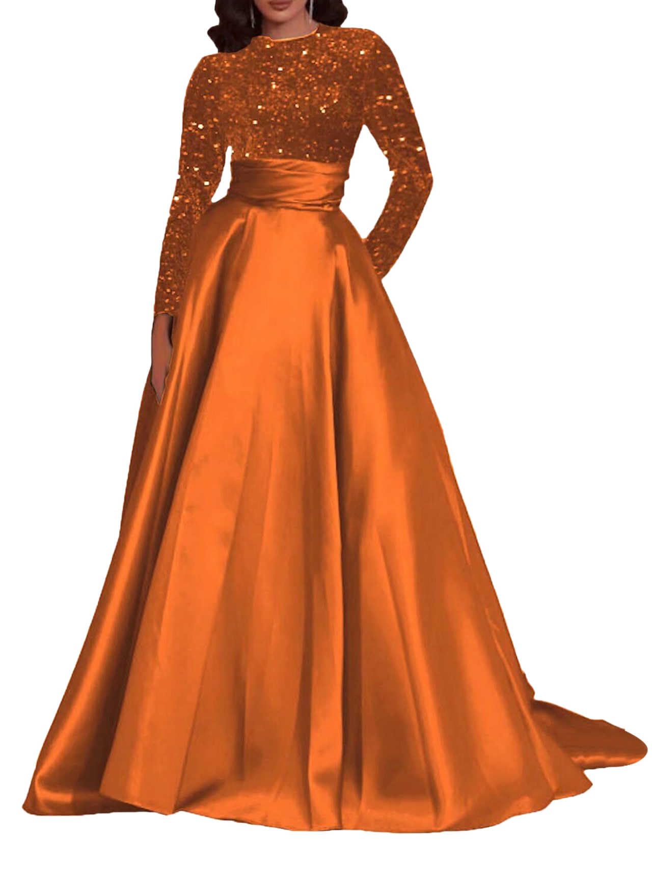 Sequin Long Sleeve Prom Dresses Long Satin Round Neck Formal Evening Gown with Pockets