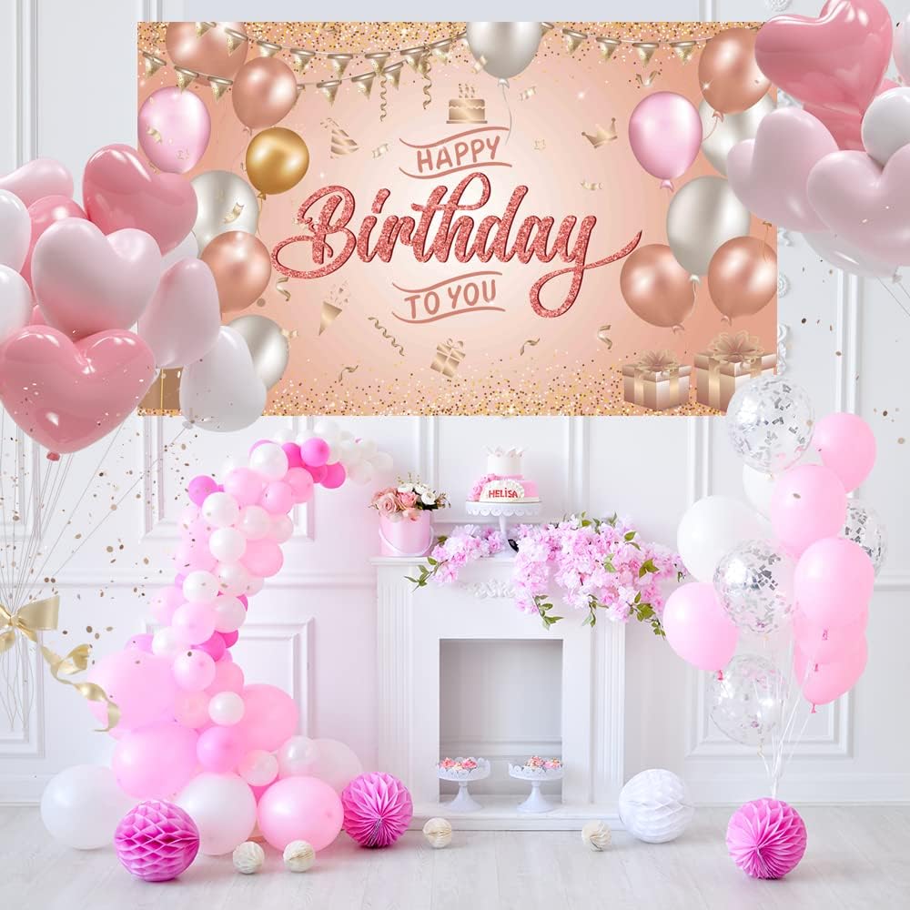 Glitzerndes Happy Birthday Hintergrund-Banner Für Frauen – Rosa & Roségold Fotohintergrund, Geburtstagsdeko Für Mädchen & Damen