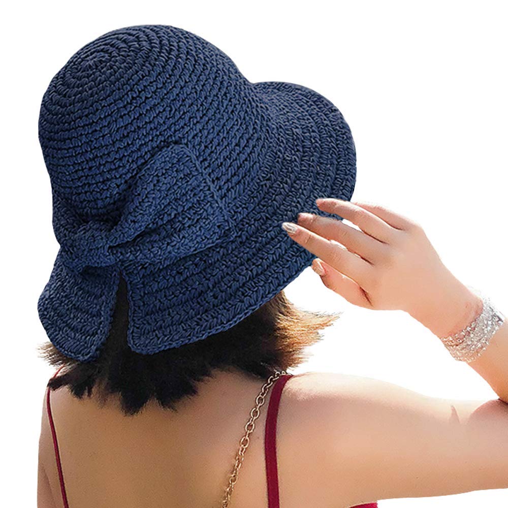 Foldable Wide Brim Floppy Straw Beach Sun Hat Summer Hat for Women & Girls (Navy Blue)