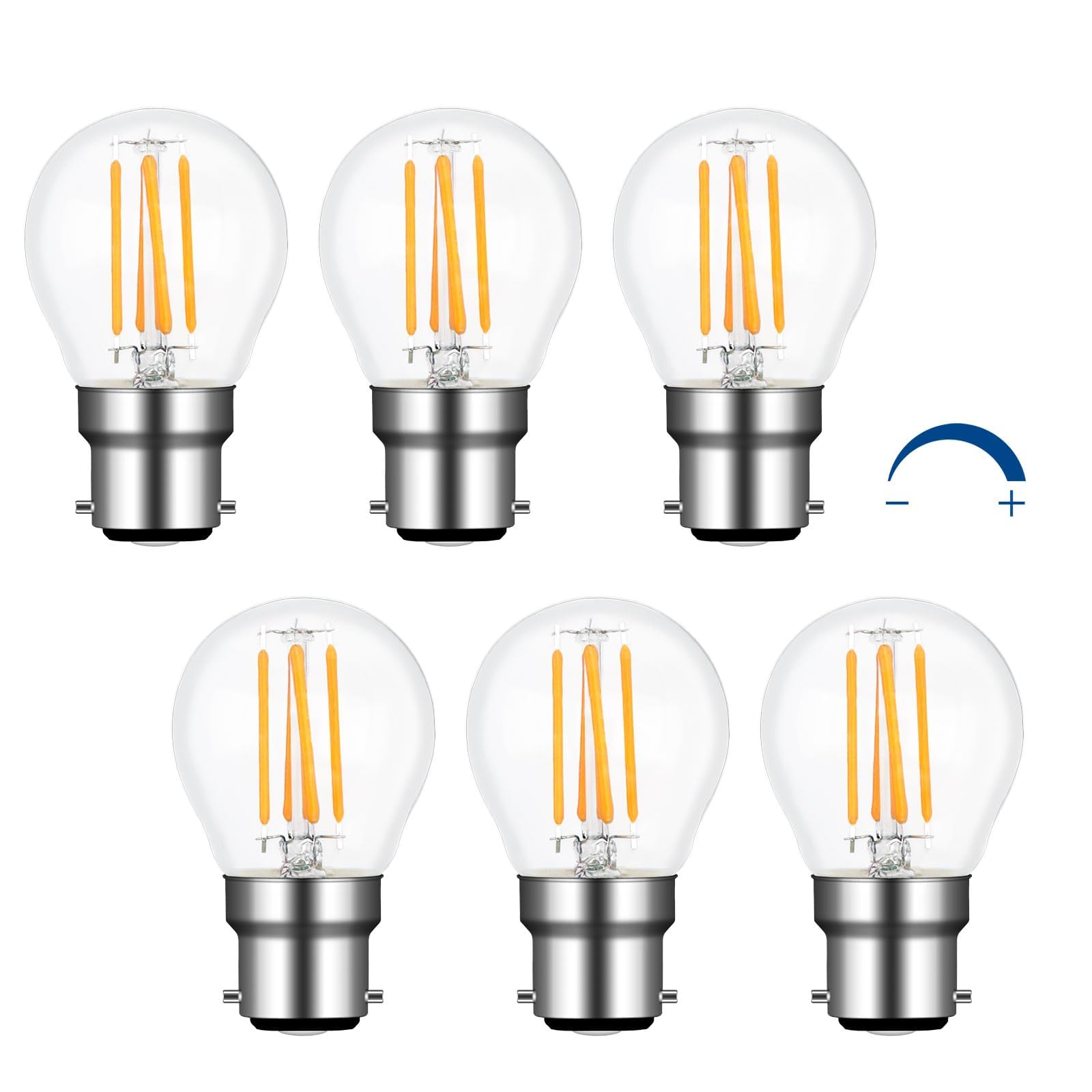 Akynite G45 B22 LED Bulb Dimmable 4W Warm White 2700K, 400LM, B22 40W Equivalent, AC 220V, Golf Ball Large Bayonet Cap, P45 LED Filament Bulb, BC Mini Globe Bulbs, 6PCS