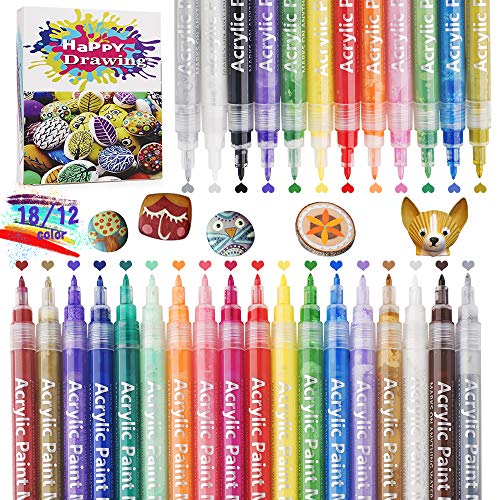 Acrylic Paint Pens, 18 Colours Outline Markers Paint Pen for Reading Festival Rock Painting, Fabric, Glass, Wood, Egg, Graffiti Waterproof Diy Craft Supplies - Fine Tip 0.7mm Propylene Acrylic Paint Markers