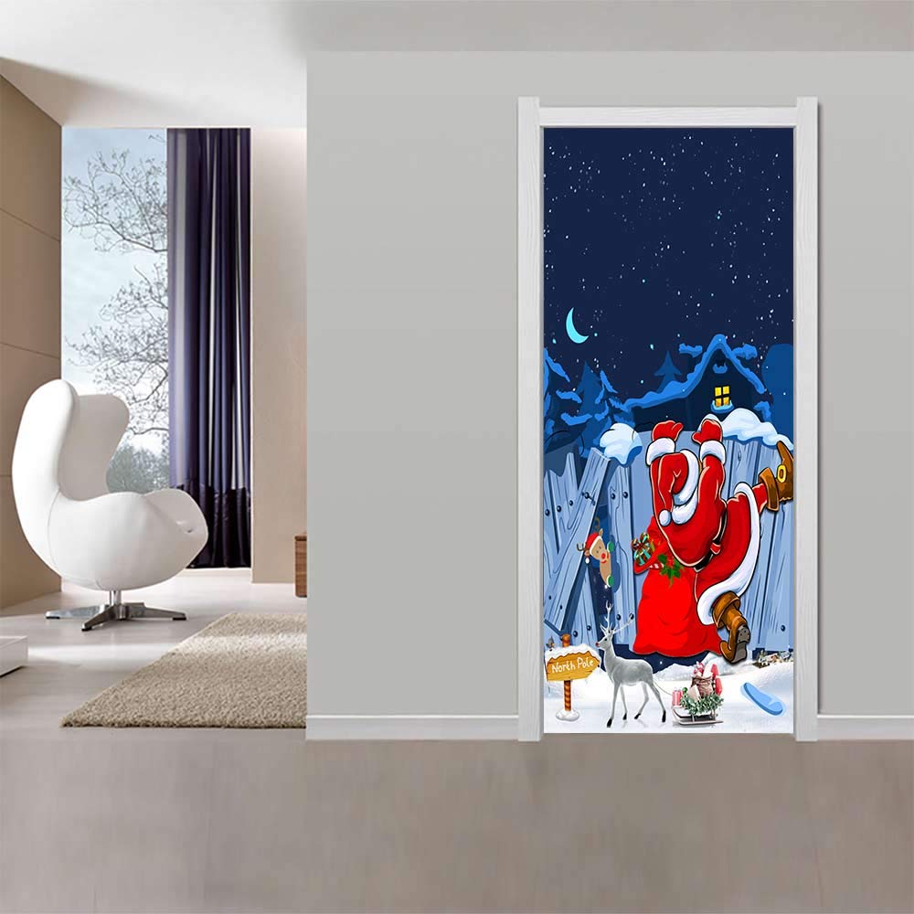 Sticker de porte trompe l'oeil Noël et papier peint amovible 88x200