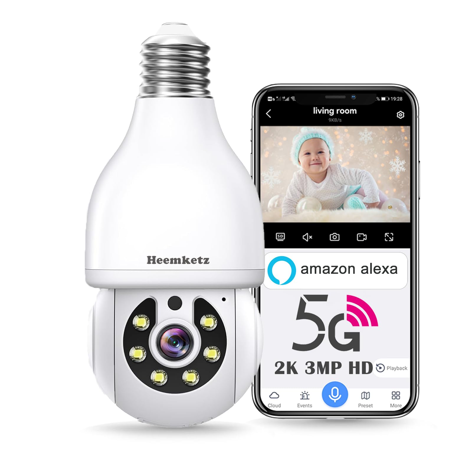 Heemketz Light Bulb Security Camera for Home Security, 2K Security Camers Wireless Outdoor Motion Tracking Detection & Alarm, 5GHz & 2.4GHz WiFi Bulb Camera, Color Night Vision, Two-Way Talk, Alexa