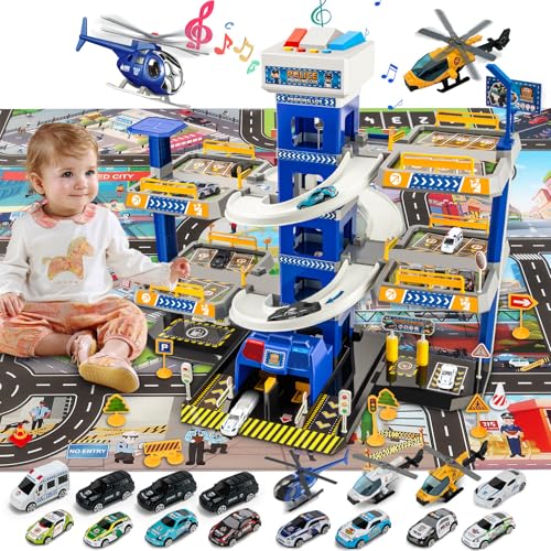 BuzzoXerex 5 Stockwerke Parkgarage für Kinder, Autorennbahn mit 14 Autos und 2 Hubschrauber, Spielzeug Parkhaus mit Aufzug, Verfolgungsjagd, Licht & Sound, Geschenke für Kinder (Polizei)