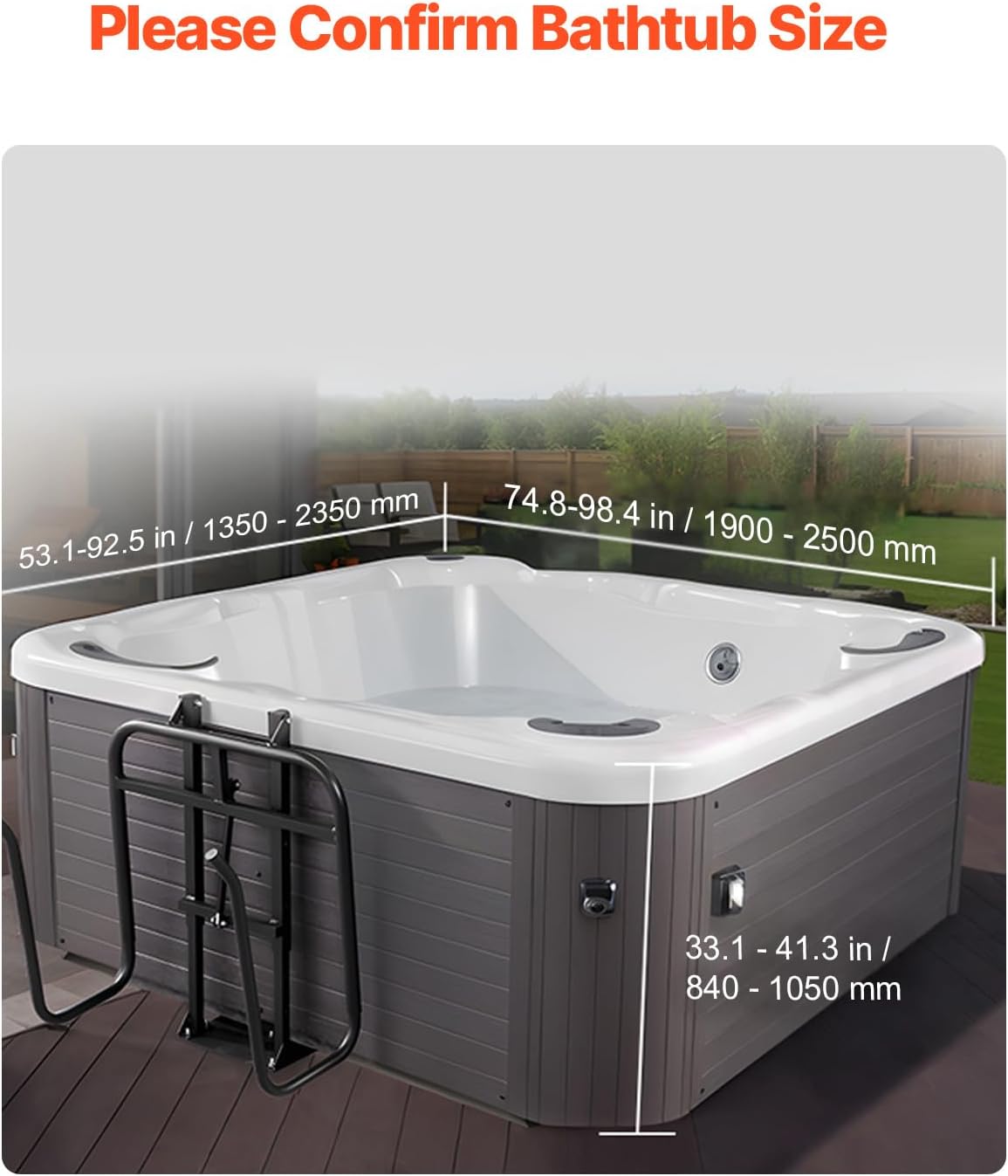 Diagram showing hot tub dimensions for compatibility: length 74.8-98.4 inches, width 53.1-92.5 inches, height 33.1-41.3 inches.