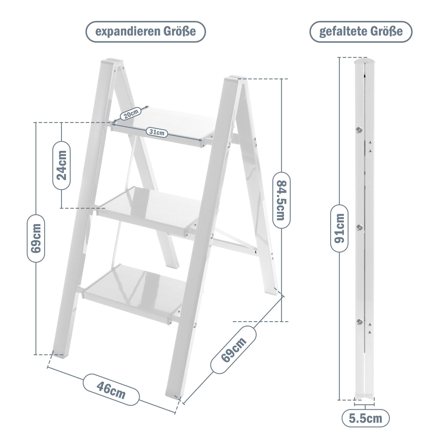 Eulenke Trapladder, 3 treden, vouwladder, aluminium, lichte staande ladder, draagbaar, met breed antislip pedaal, voor huishouden, kantoor, keuken, belastbaar tot 150 kg, wit