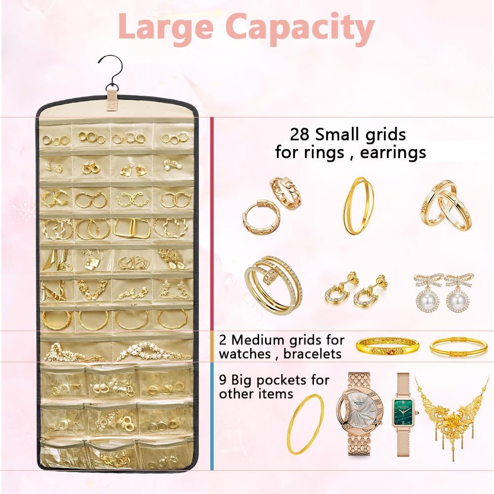 Aucuu Organizer per Gioielli da Appendere, Hanging Jewelry Organizer per Armadio, Storage Doppia Faccia per Gioielli, Porta Orecchini da Parete con 39 Tasche e 3 ganci a Forma di Onda