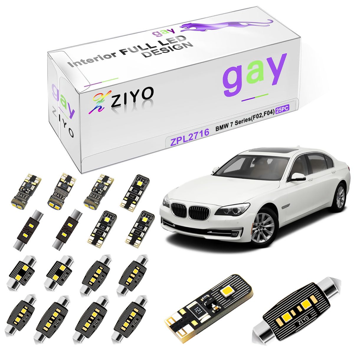 ZIYO ZPL2716 - (25 Bulbs) LED Interior Light Kit Replacement for BMW 7 Series F02 F04 2009-2015, 6000K Xenon White Dome Light Bulbs Upgrade Error Free - (Except Factory LED Model)