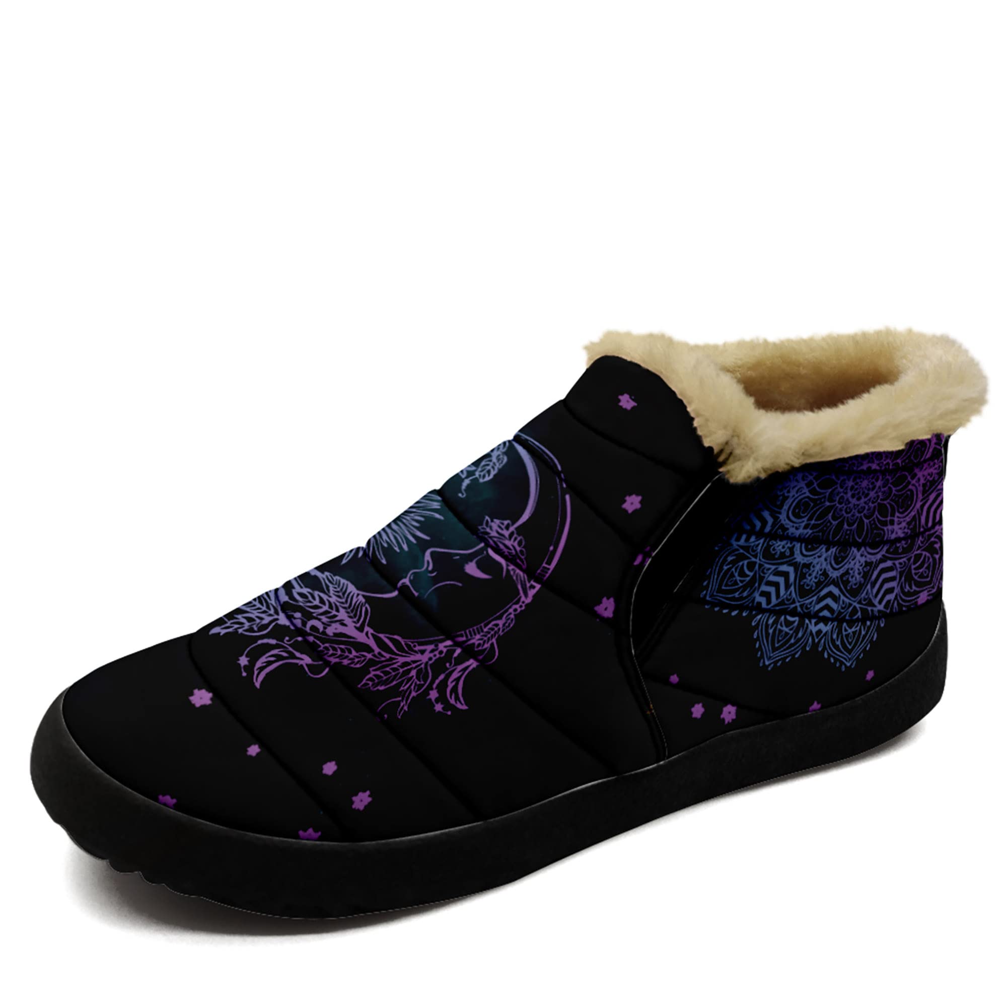 coolcustomize Women Winter Snow Boots Custom Moon and Sun Fur Lined Boots Warm Anti-Slip Slip On Indoor Outdoor Sneaker House Slippers