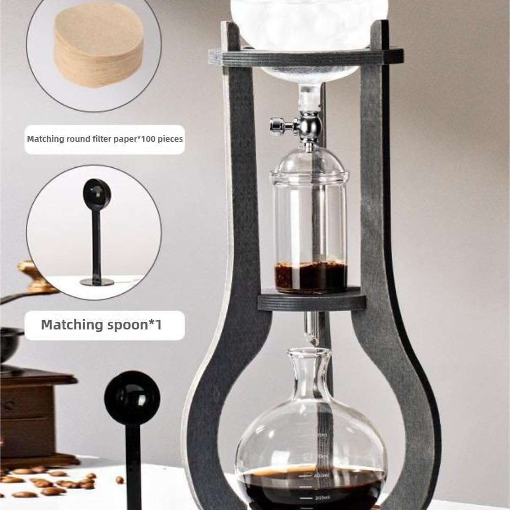 Ekspres do kawy Cold Brew z drewnianym stojakiem, szklany zestaw dzbanków do kawy, odporny na ciepło, gęsty filtr, 100 bibułek filtracyjnych, łyżka do serwowania