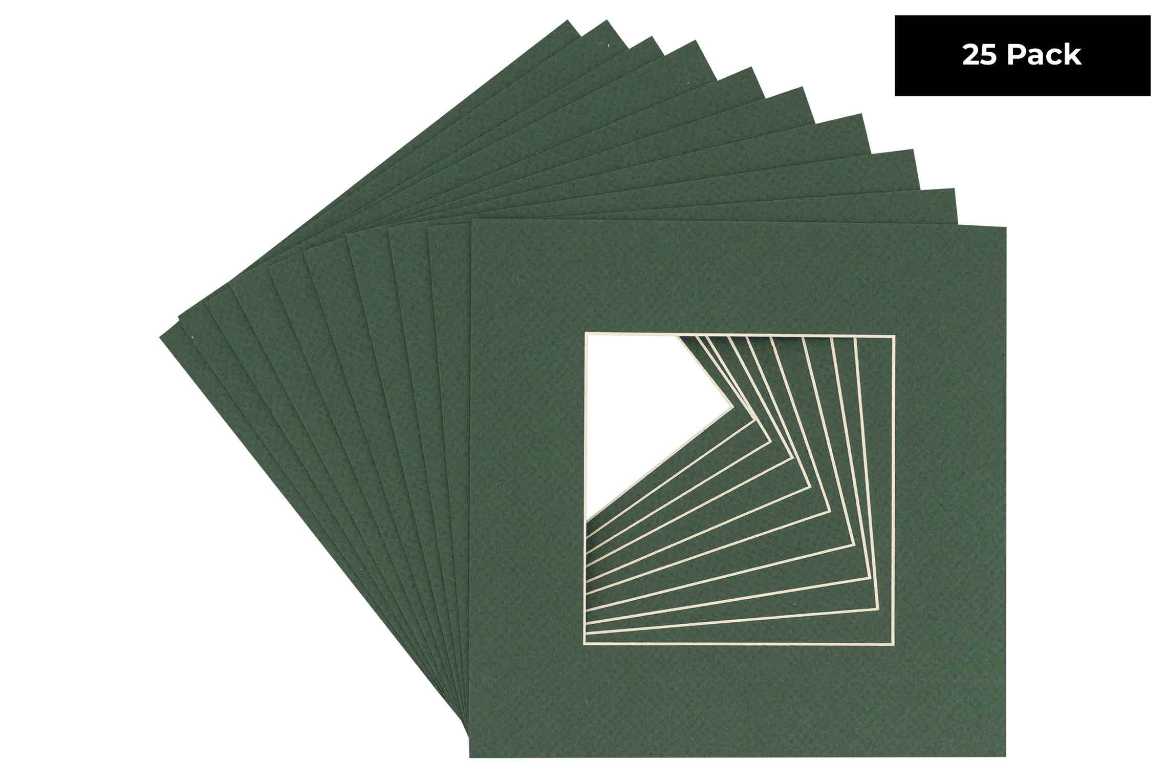 Hunter Green Acid Free 11x11 Square Picture Frame Mat with White Core Bevel Cut for 7x7 Pictures - Fits 11x11 Frame - Pack of 25 Matboard Show Kits With Acid Free Backings & Clear Bags