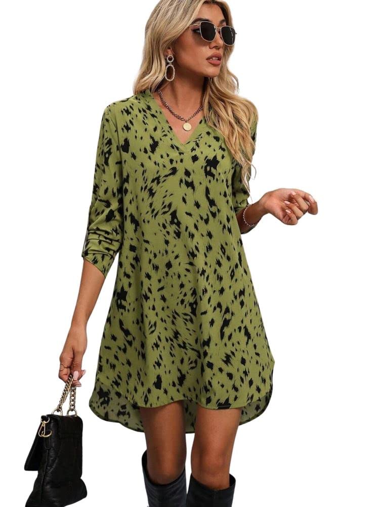 Om Sai Latest Creation Western Dress || Rayon All Over Leopard Printed Western Dresses For Women || Roll Up Sleeve & V-Neck A-Line Dress || Summer Short Dresses For Women. (Large, Olive)