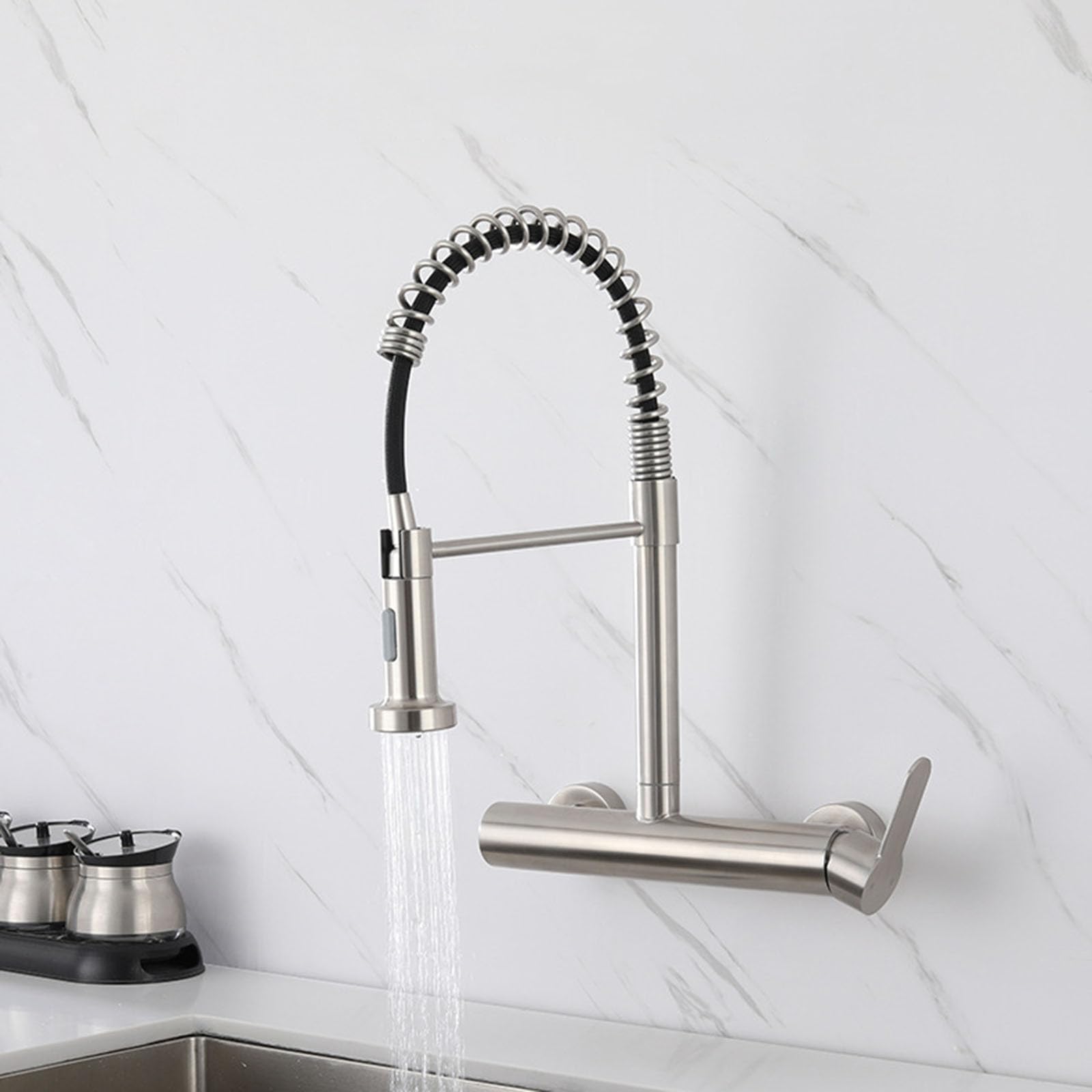Grifo Cocina Pared 15 cm Cepillado 2 Agujeros Grifo Fregadero Extensible Monomando,Cepillado