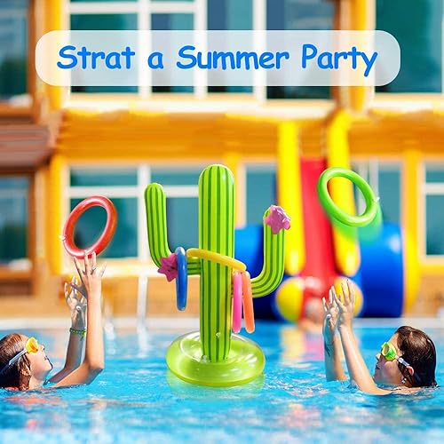 Miniatura 5 de Paquete de 3 juegos inflables de cactus, juego de lanzamiento de anillos de cactus, juguetes de piscina de cactus, flotante, natación, verano,