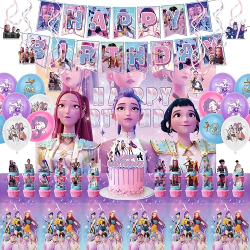 Kroilucaly 38 piezas Kpop de-mons Hunters lindo cumpleaños decoración de cumpleaños manteles para tartas decoraciones para cupcakes, banderines globos decoraciones de fiesta suministros para los