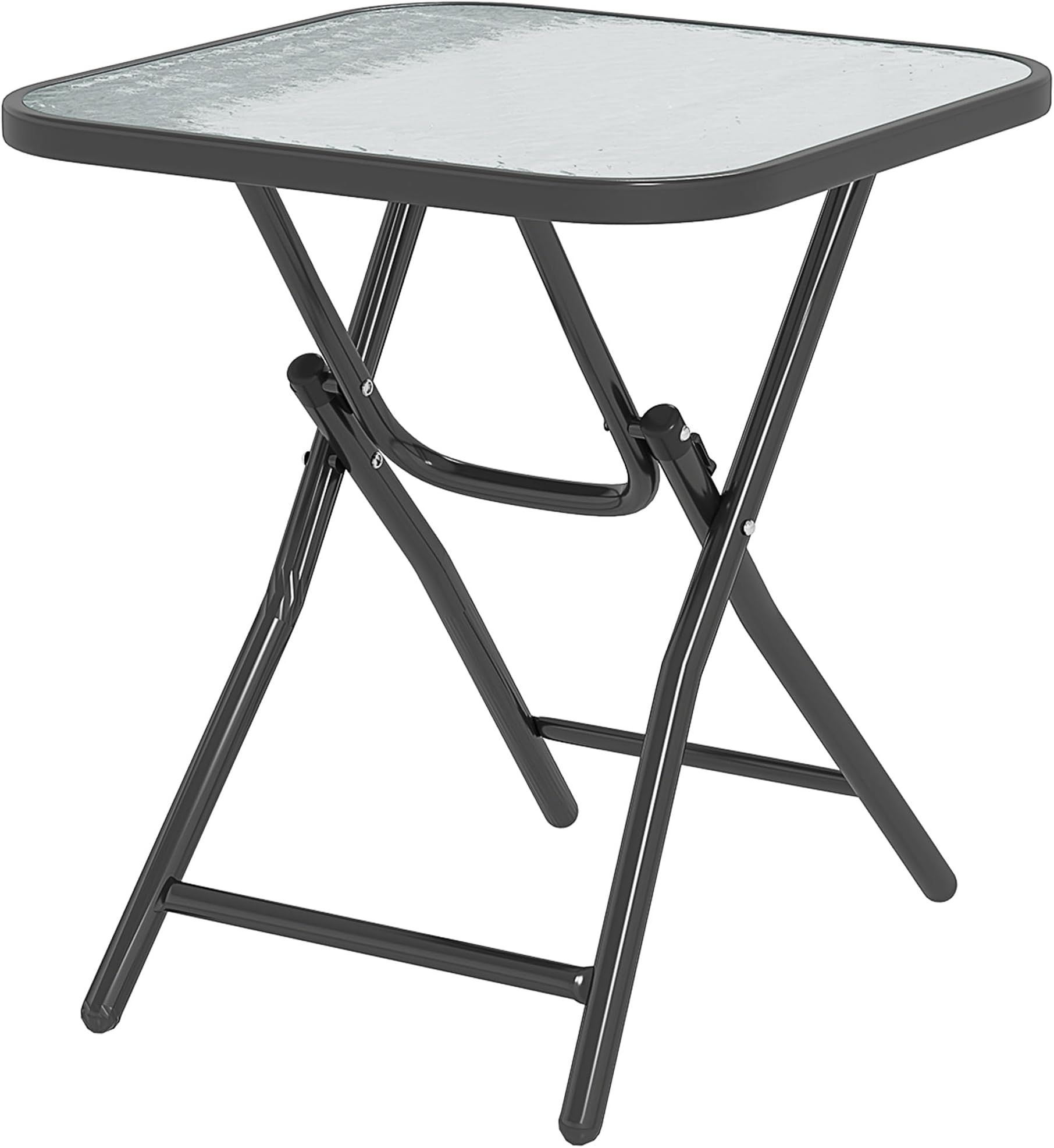 Outsunny Foldable Garden Table, Square Folding Table with Glass Tabletop and Safety Buckle for Patio, Garden, Outdoor, Indoor, Black