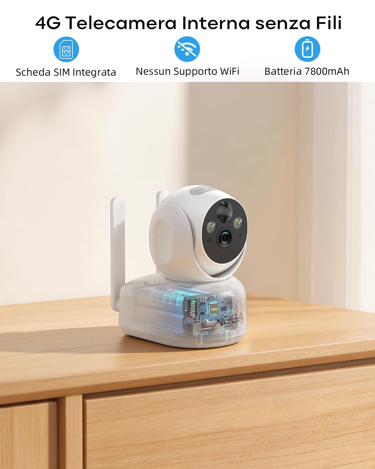 Xega 4G LTE Telecamera Interno con Sim/ 7800mAh Batteria senza Fili, 360° PTZ Telecamera Senza WiFi, 2K Videocamera Sorveglianza Interno con Visione Notturna a Colori, PIR Rilevamento, IP65