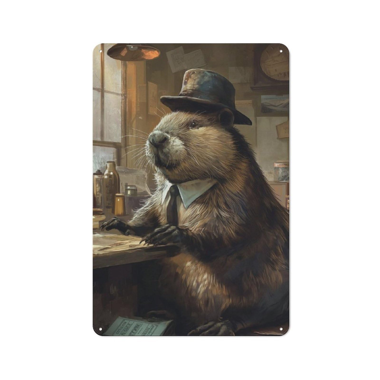 Junmoney Funny Dressed Beaver Hat Retro Metal Wall Decor 30X20cm, Metal Sign For Pub, Home Bar, Shed Or Man Cave, For Relaxed Wall Styling