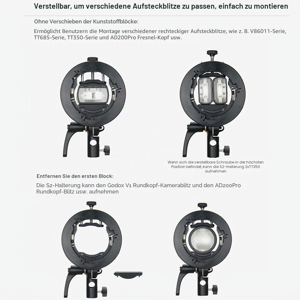 Godox S2 Bowens Blitz Bracket für GODOX V100 V1 Pro AD200 Pro II RS60R RS60BI AD400Pro AD100Pro V860II TT685 TT600 TT350, auch kompatibel mit Sony Canon Nikon Blitzgeräte