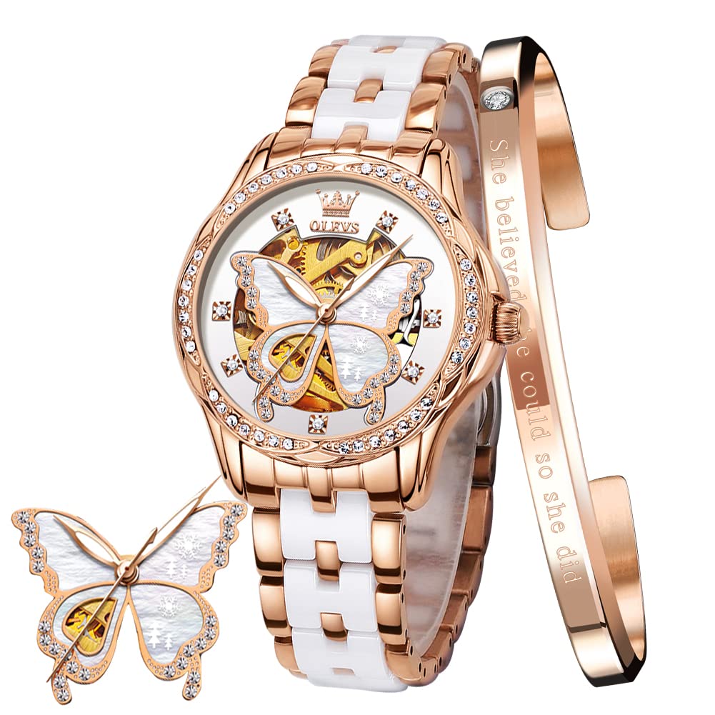 OLEVS Women's Rose Gold Automatic Watches Skeleton Mechanical Self Winding Ladies Elegant Luxury Dress Butterfly Diamond White Ceramic Band Watch Gift