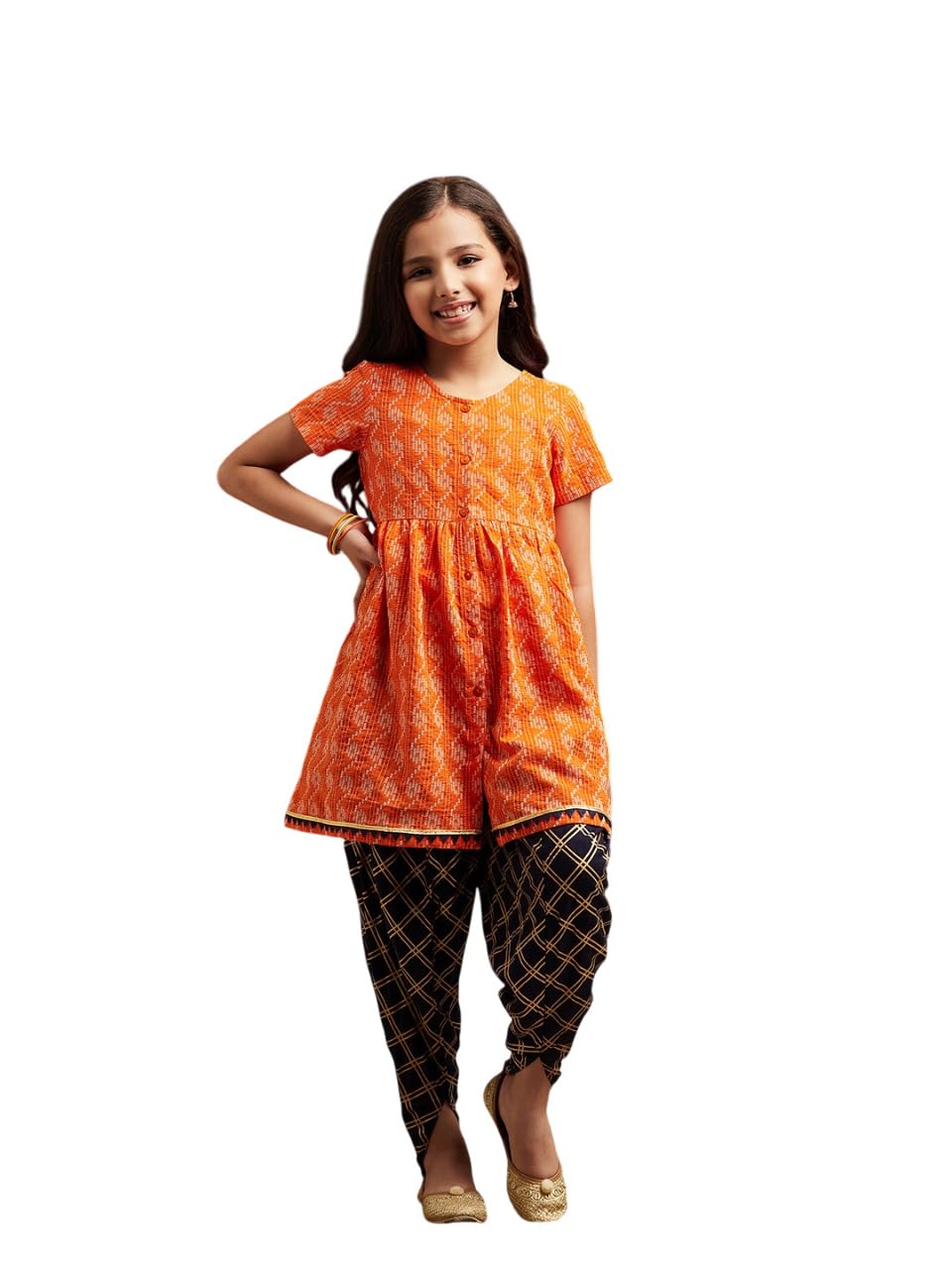 Pspeaches Girl's Cotton 1 Dhoti, 1 Kurta (Dh-Orangedobby-4-5Y_Orange