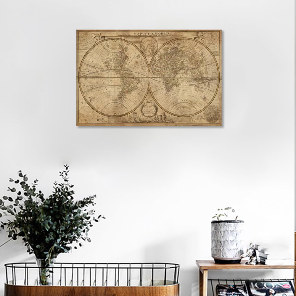 1 pieza de arte de pared de mapa antiguo para sala de estar, mapa del mundo del siglo XVIII, impresiones sobre lienzo, decoración del hogar, arte de pared de mapas antiguos, arte moderno enmarcado