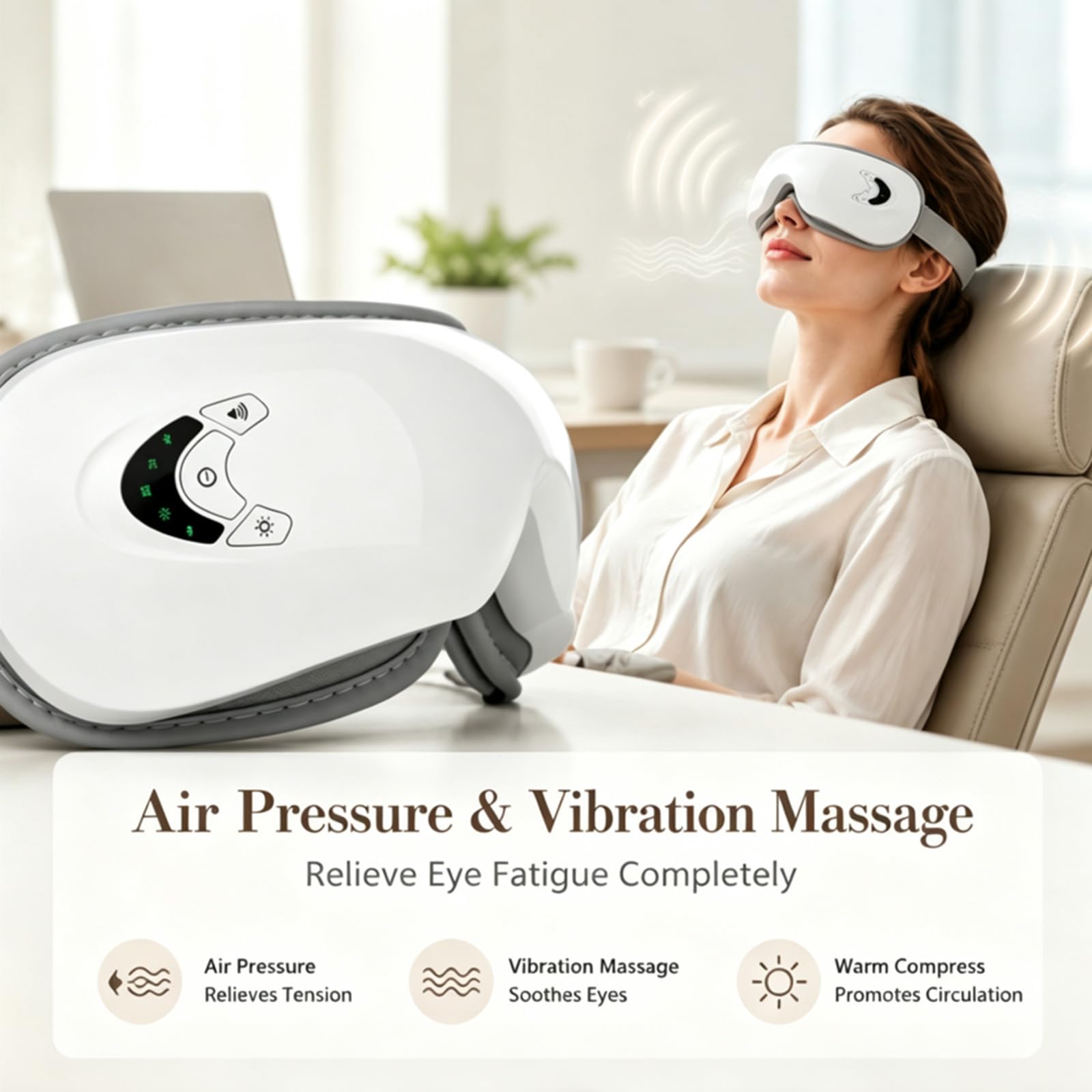 Masseur oculaire chauffant, compression air Bluetooth 5 modes | Vibration douce, pliable transportable, compresse chaude 38-42°C, masque yeux relaxant anti-fatigue