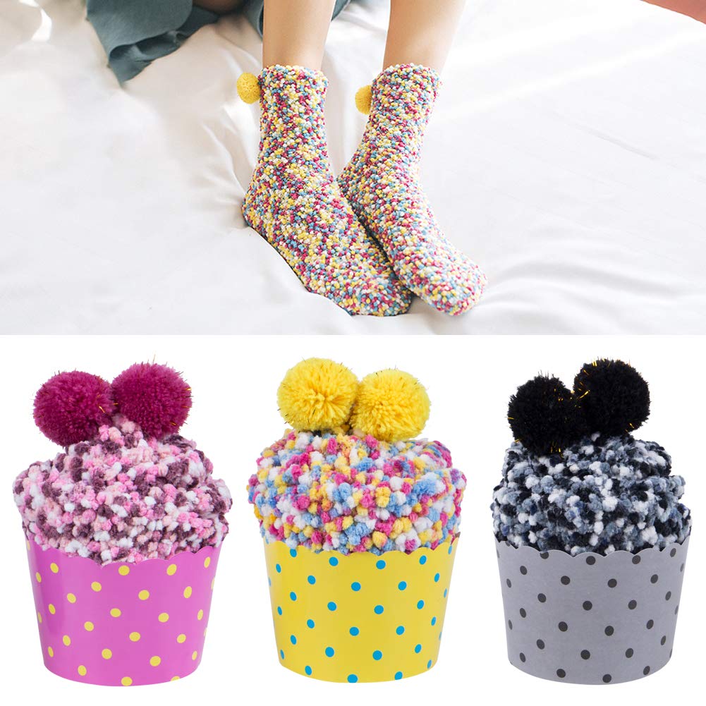 3 Paar DIY Geschenksocken für Frauen Mädchen flauschige Socken Winter Hausschuhsocken weich für Weihnachten mit Geschenkboxen Cupcake