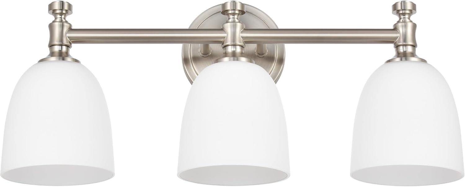 Bathroom Vanity Light, 3-Light Bathroom Light Fixtures Over Mirror, Traditional Vanity Lights for Living Room, Milk White Bell Glass Shades, Standard E26 Base, Brushed Nickel Brushed Nickel 3-Light