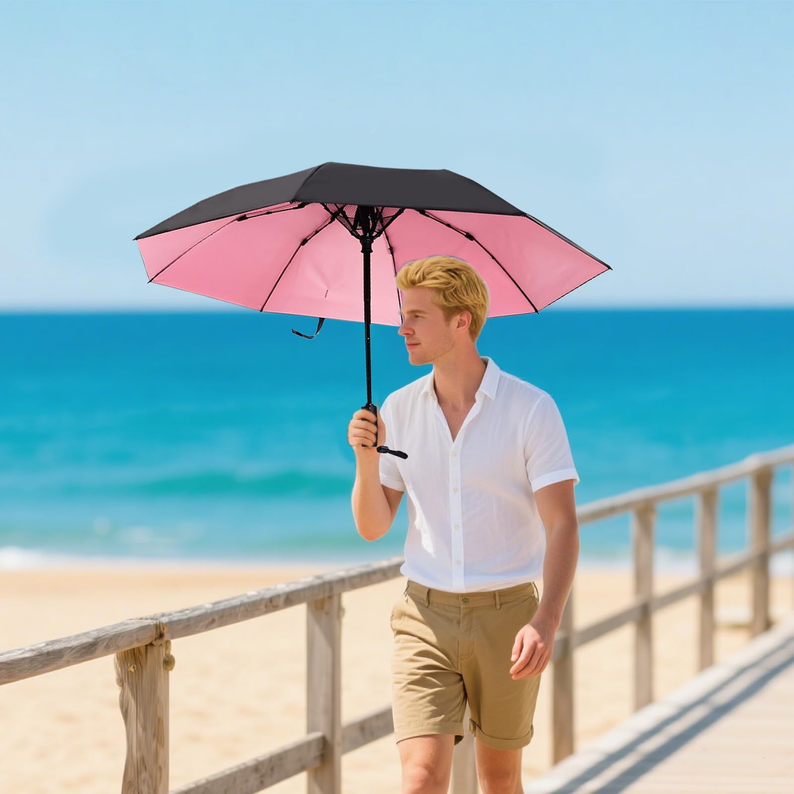 Paraguas con ventilador – Sombrilla refrigerante con ventilador – Funda de lluvia portátil Accesorios de viaje para adultos niños Verano Golf Picnic al aire libre Deportes Camping
