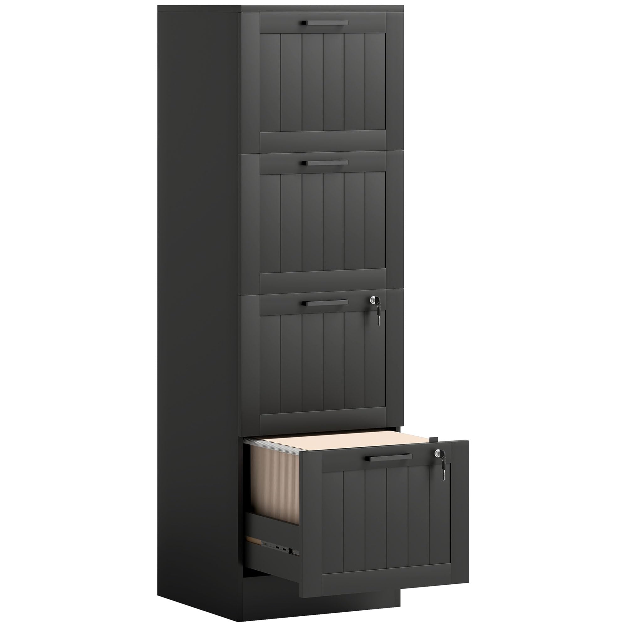HOMCOM Cassettiera Portadocumenti a 4 Cassetti con Binario Regolabile, 2 Chiavi e 2 Serrature, Mobiletto da Ufficio in MDF Adatto a Cartelle di Formato A4 e Formato Lettera, 40x40x131 cm, Nero
