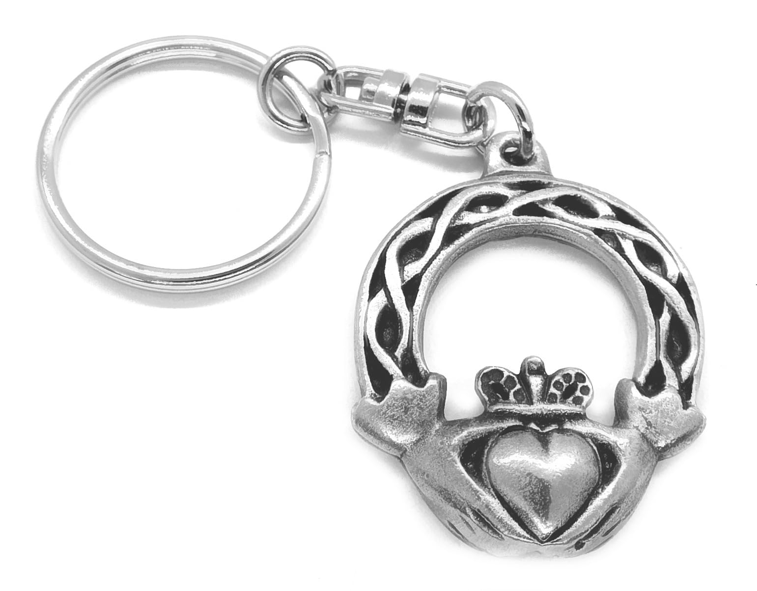 DH Pewter Celtic Weave Claddagh Keyring (Heart, Crown, Hands) in black organza gift pouch
