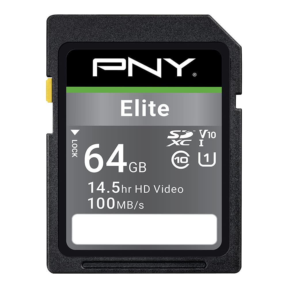 PNY 64GB Elite Class 10 U1 V10 SDXC Flash Memory Card - 100MB/s, Class 10, U1, V10, Full HD, UHS-I, Full Size SD (Pack of 1)