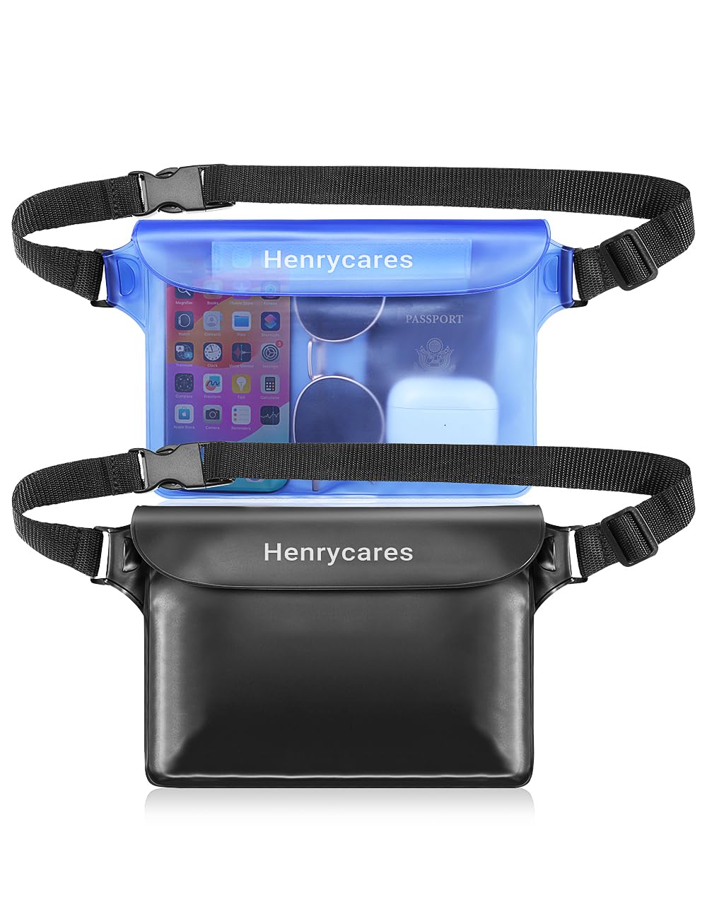 2 Pezzi Marsupio Impermeabile Mare, IPX8 Borsa Impermeabile con Tripla Tenuta, Cintura Regolabile Estesa, Busta Impermeabile Mare per Subacqueo, Spiaggia, Kayak (Nero+cristallo Blu)