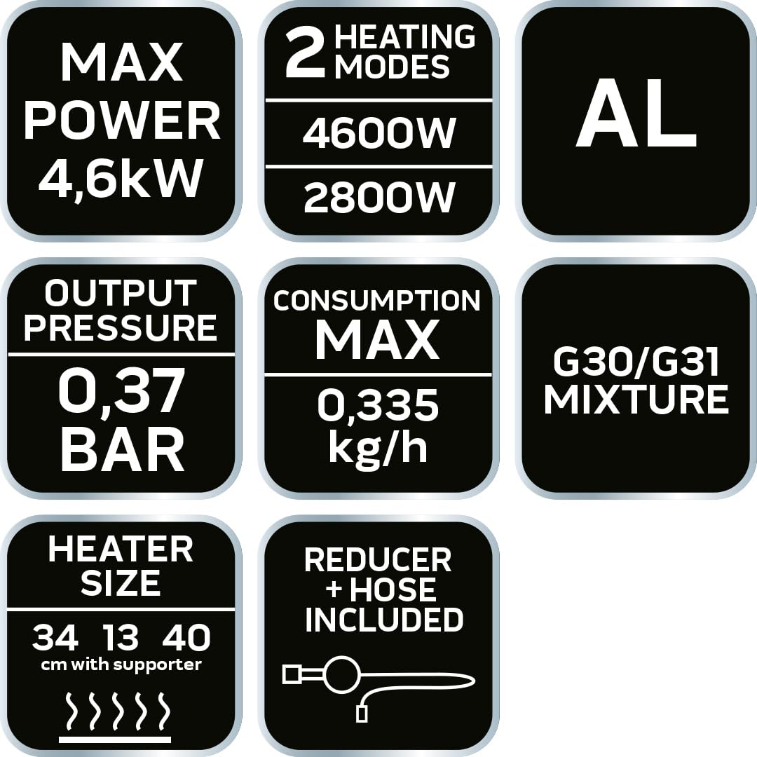 NEO TOOLS Stufa a gas, riscaldatore a gas, con regolatore di pressione, alimentato a gas propano, con tubo e regolatore - 34 x 13 x 40 cm - Potenza nominale - 4600 W