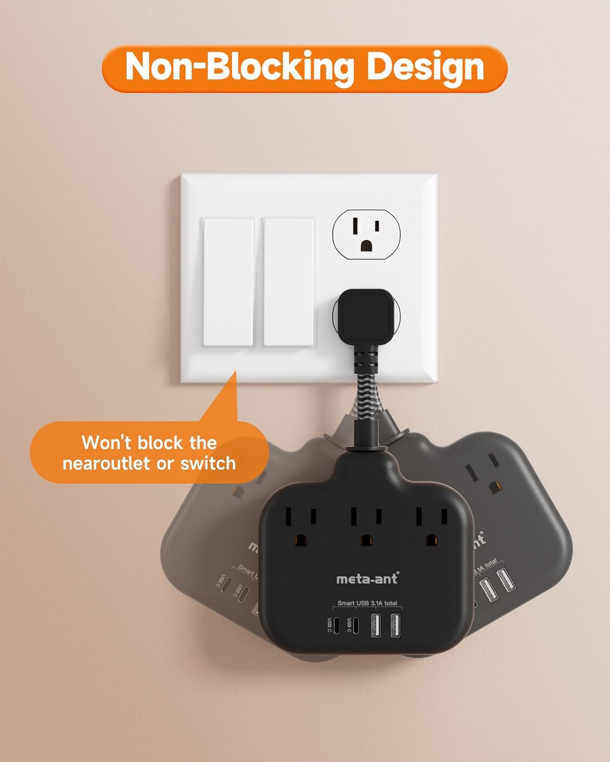 Short Extension Cord 3 Inch, Flat Plug Small Power Strip with 3 AC & 4 USB(1 USB-C), 1875W/15A, Multi Plug Outlet Extender, Non-Surge Protection for Cruise Travel Dorm Kitchen, Black image 4