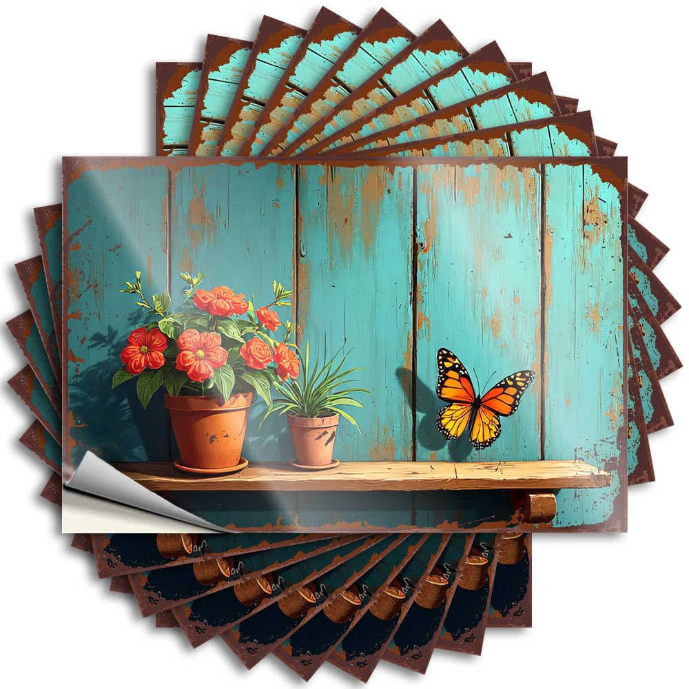 Fzfn Colour Tattoo Tall Pool Decor Laptop Monarch Butterfly Resting On A Wooden Shelf With Potted Flowers - No Residue Decals For Earth(12X18cm)