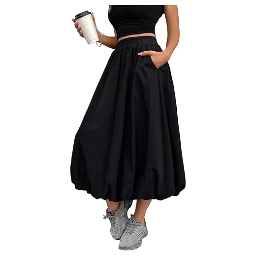 Verdusa Women's A Line Bubble Skirt Casual Dressy Ruffle Flowy Long Skirts with Pockets