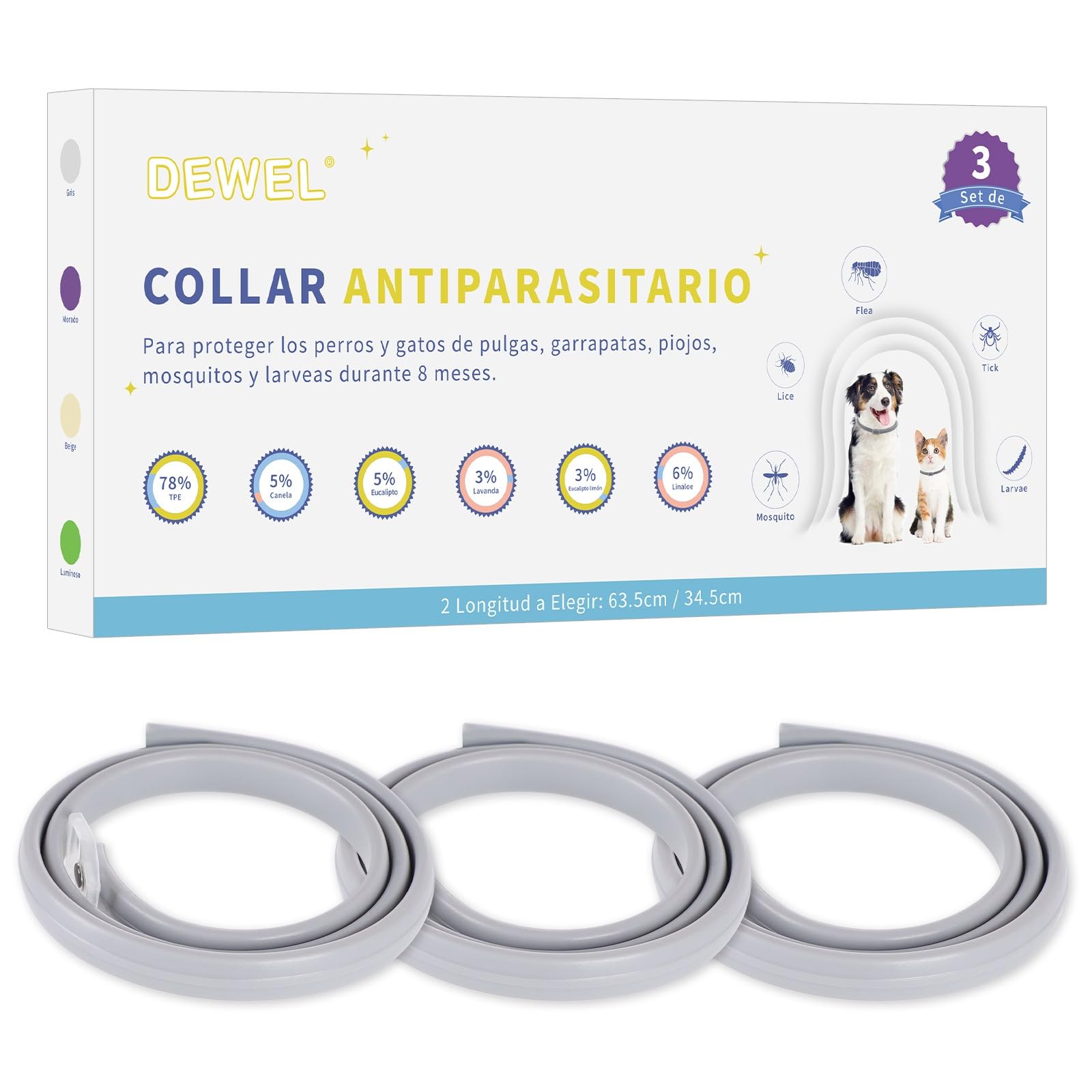 DEWEL Collares Antiparasitarios, Collares contra Pulgas y Garrapatas para Perros y Gatos, Collares Antipulgas Ajustable para Mascotas (Gris, 63.5 cm)