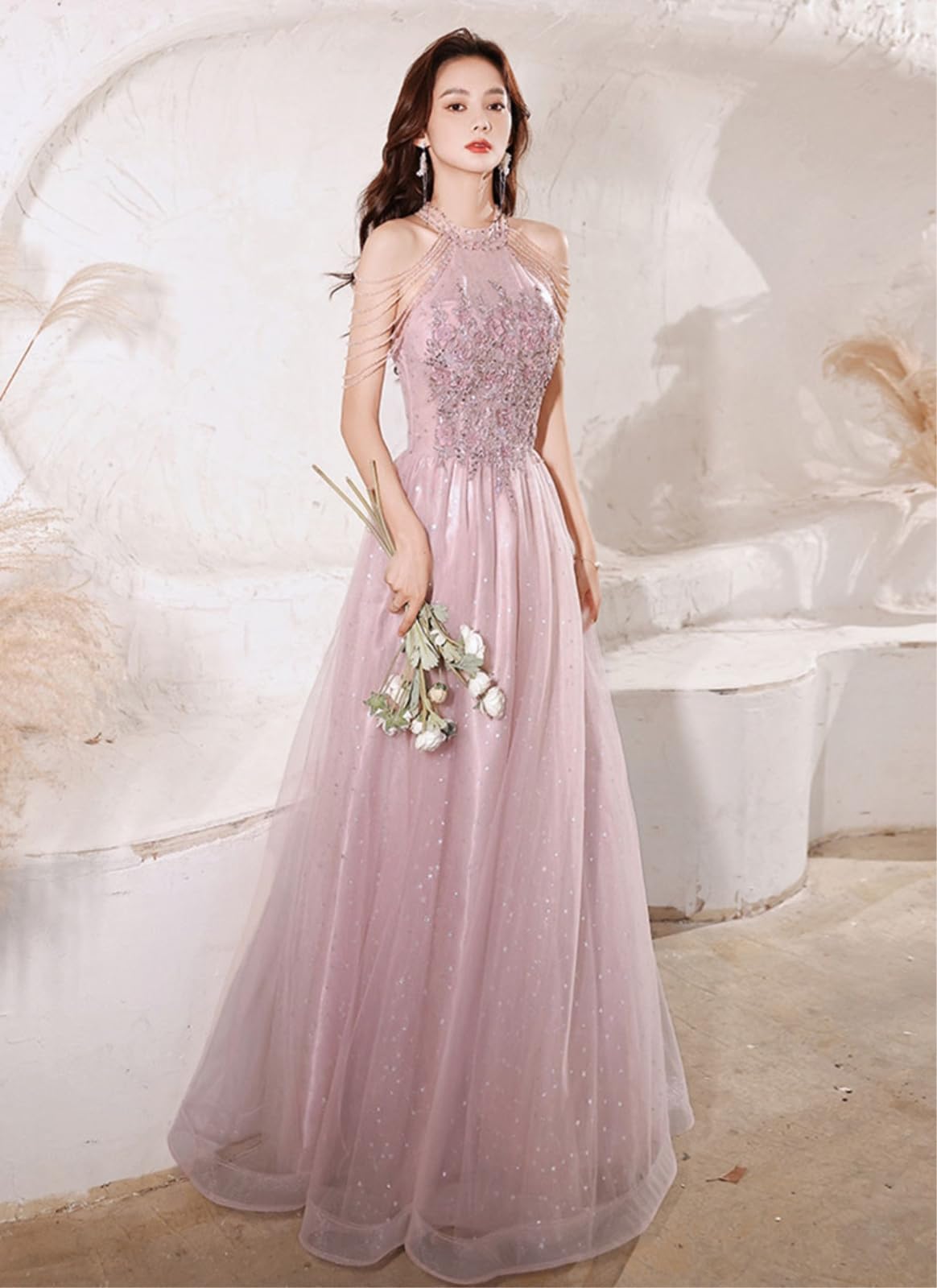 Vestito Maxi Formale Rosa per Le Donne - Elegante Abito da Festa La Sera del Compleanno di Ballo E Occasioni Speciali-champagne-6-floor Length-China Mainland