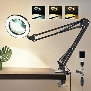 5X Magnifying Glass with Light, 3 Color Modes Stepless Dimmable 8-Diopter Real Glass Lens Magnifier with Light Desk Lamp Clamp Swivel Arm for Crafts Workbench