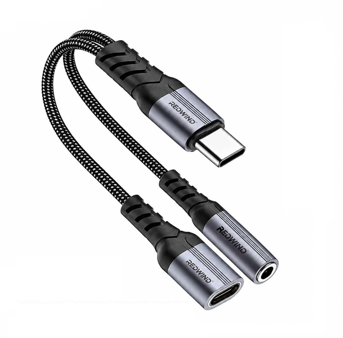 redwind type-c to 3.5mm aux headphone & 60w usb-c charge port 2in1 adapter nylon braided metal splitter for iphone 17/16/15 series galaxy s26-s20 series one plus pixel iq00 & other model